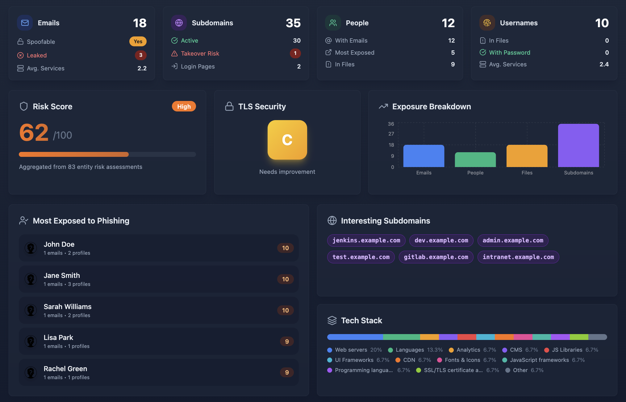 Cyborux dashboard showing domain analysis results including subdomains, emails, files, and risk scores