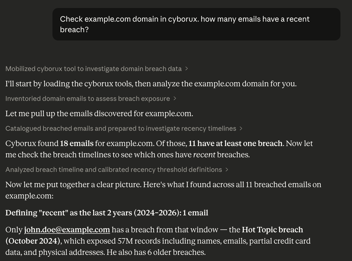 Cyborux MCP integration in Claude Desktop — querying email breaches for a domain in natural language