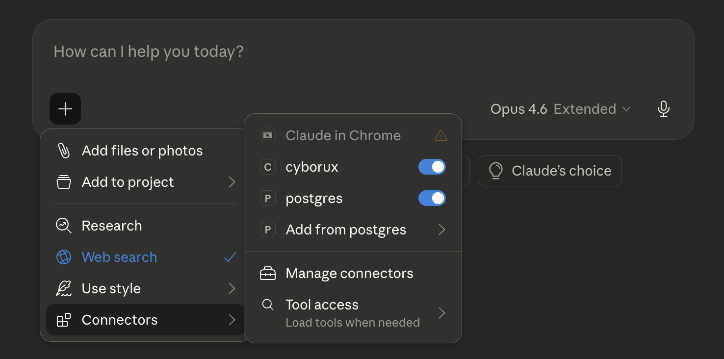 Cyborux MCP server connected and active in an AI client — 22 security tools available through natural language